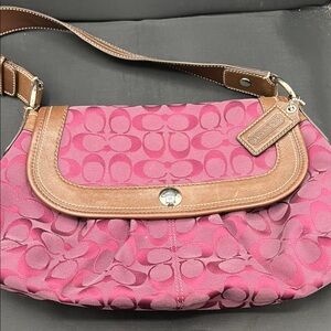 Coach Pink Signature Canvas Shoulder Bag with Brown Leather Trim